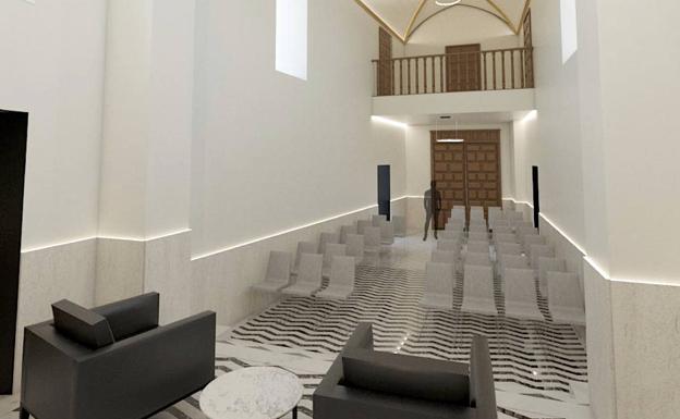 Imagen principal - Recreación del auditorio, vista del torreón e interior de la capilla.