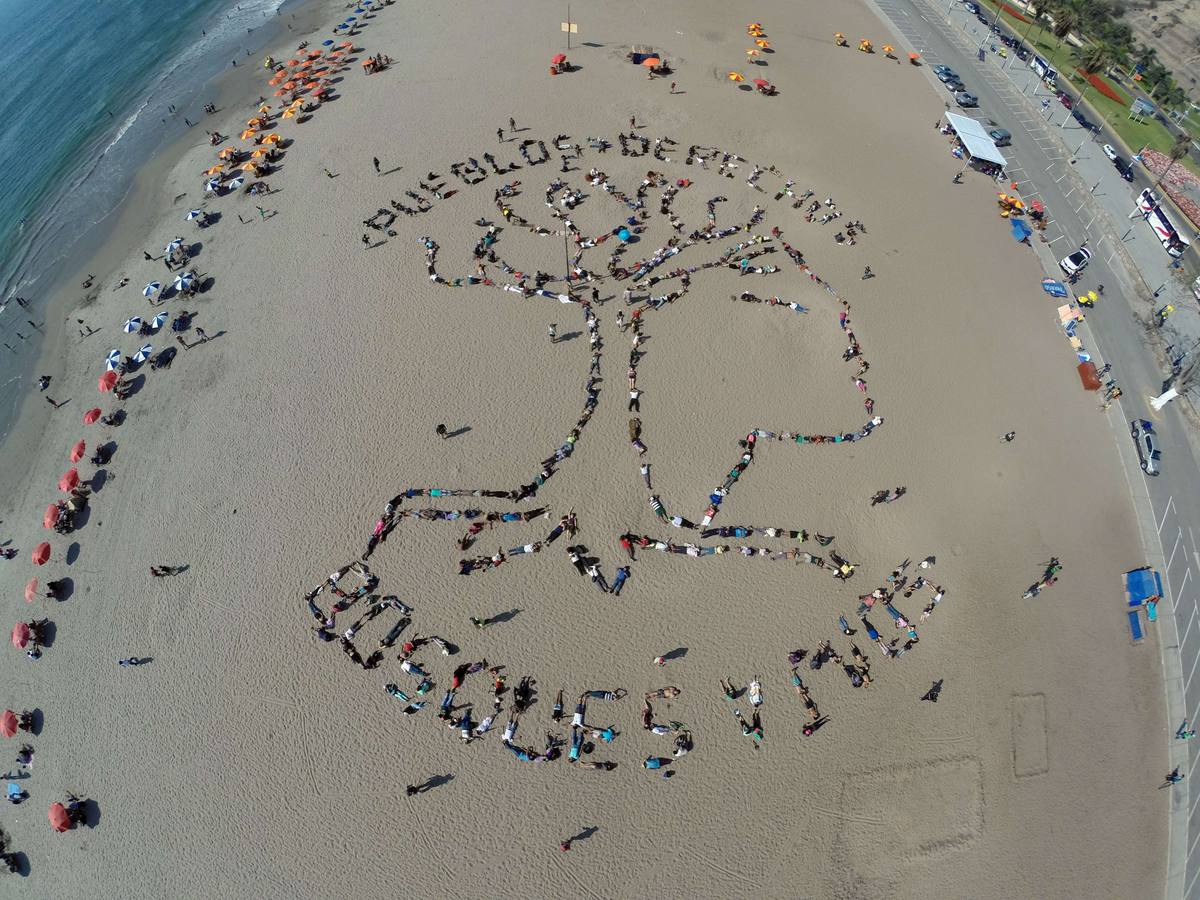 Vista de un símbolo indígena "Los pueblos y los derechos. Maderas Alive" formados por decenas de activistas en una primera línea de playa en Lima.