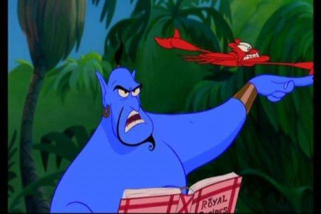 Sebastian, el cangrejo de la Sirenita con el genio de Aladin. 