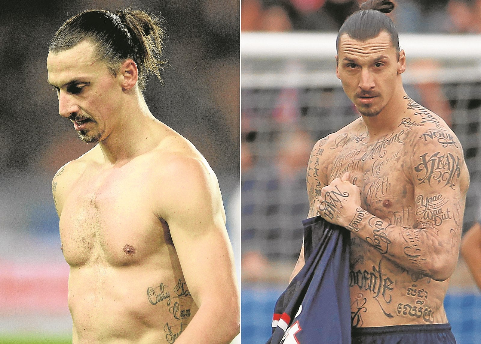 Este combo con dos imágenes muestran tatuajes delantero sueco del Paris Saint-Germain Zlatan Ibrahimovic el 29 de noviembre 2014 y el 14 de febrero 2015.