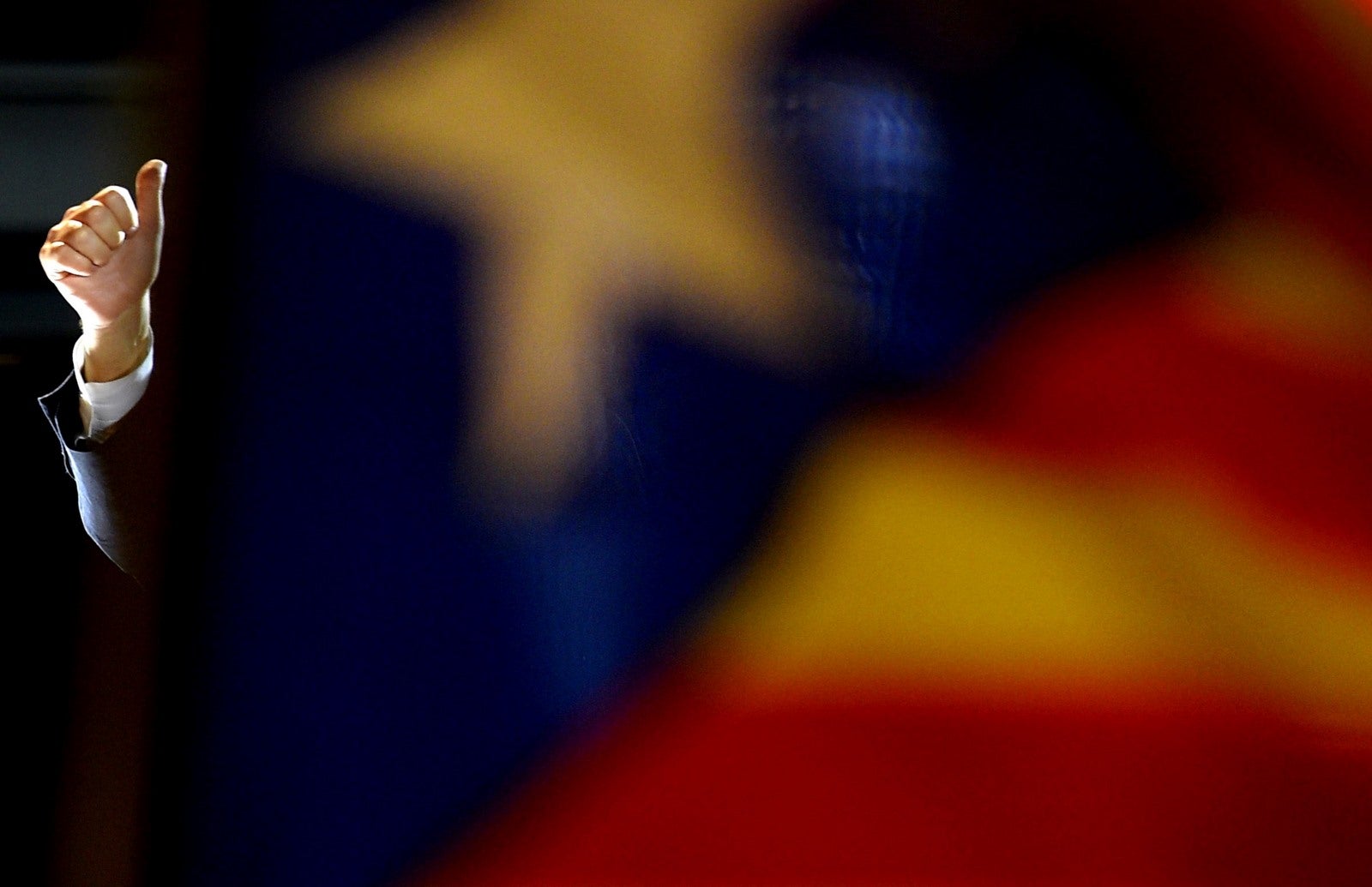 El presidente del Gobierno regional y líder del partido catalán Convergencia Democrática (CDC) Artur Mas detrás de una bandera catalán.