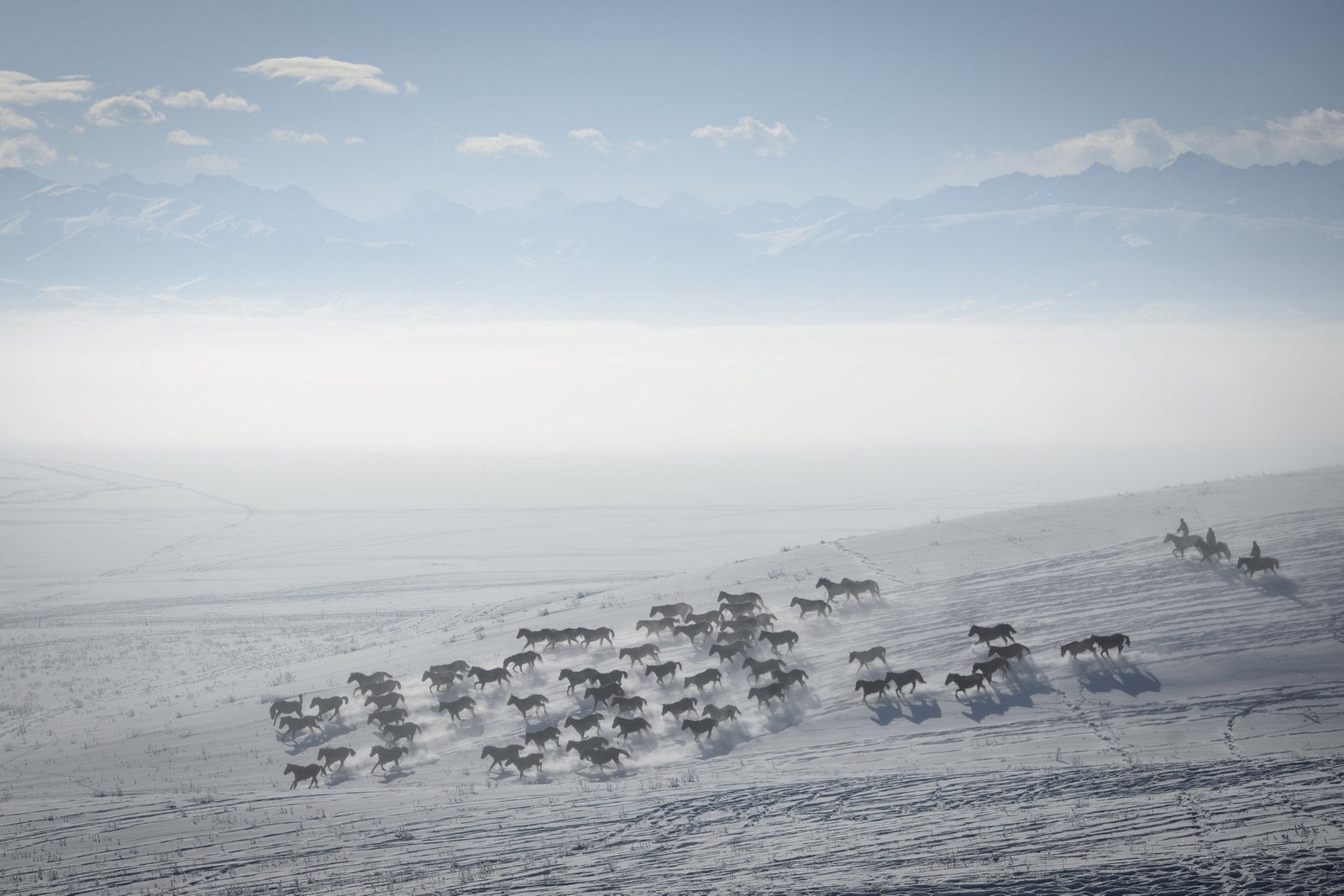 Pastores montan caballos en un campo cubierto de nieve en el condado de Zhaosu, Yili, Región Autónoma Uigur de Xinjiang.