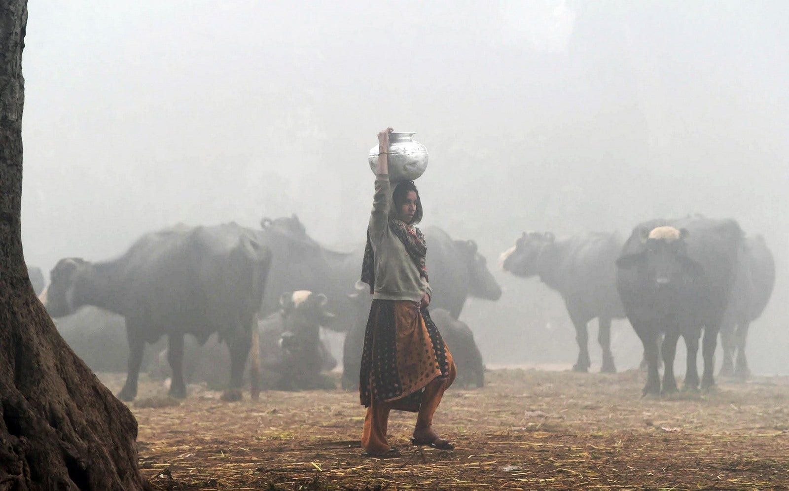 Una mujer paquistaní mantiene una olla de agua durante una mañana fría y con niebla en Lahore.