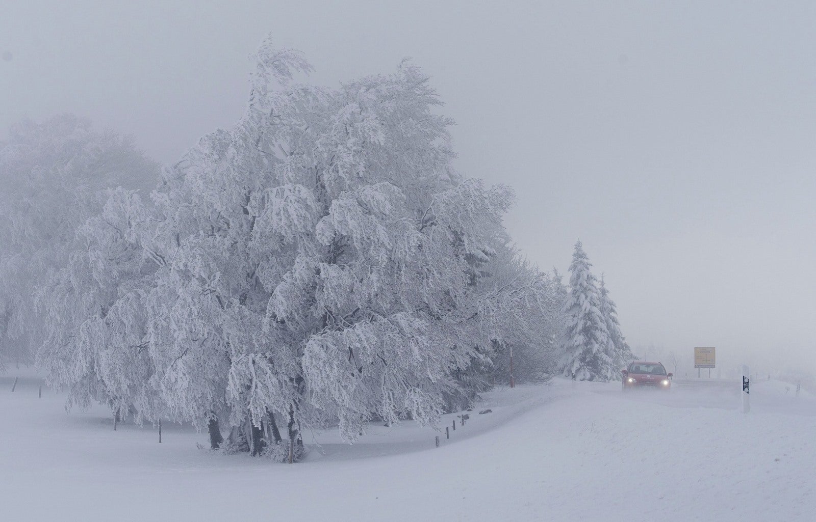 Un coche circula junto a árboles cubiertos de nieve cerca de Hofsgrund, Alemania. Intensas nevadas azotan el país durante estos días.