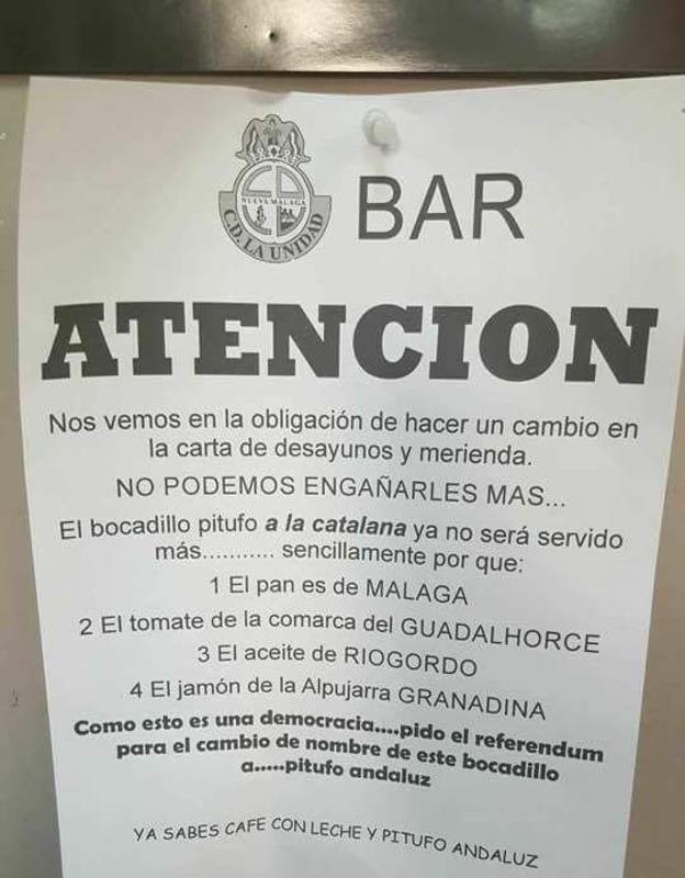 El genial cartel de un bar andaluz que deja de vender su bocadillo "a la catalana"