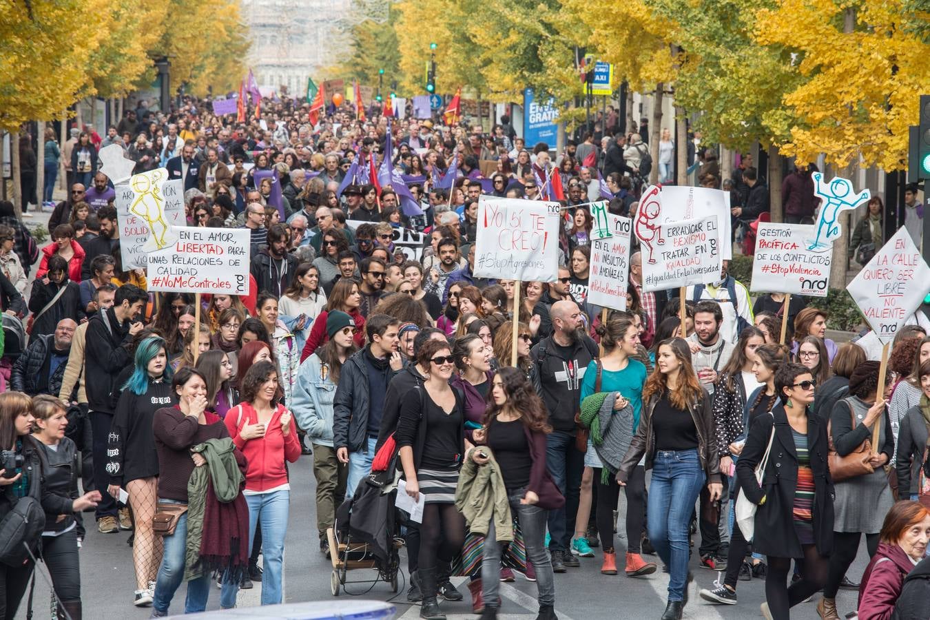 La Plataforma 25 de Noviembre en Granada, integrada por colectivos feministas, sindicatos y grupos políticos, ha puesto este año especial acento en el caso de Juana Rivas durante la manifestación, en la que, según un portavoz de la Policía Local, han participado este mediodía más de 20.000 personas por las calles del centro de esta capital andaluza