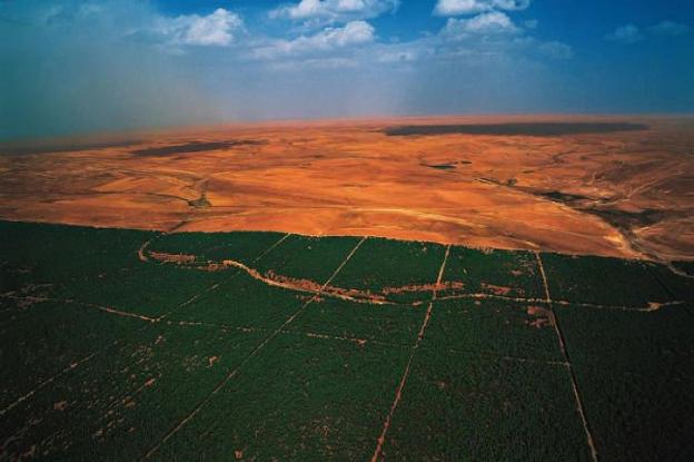 Vista aérea de un tramo del Sahel en el que se aprecia el desierto del Sáhara, al norte, y el dique verde transcontinental, al sur.