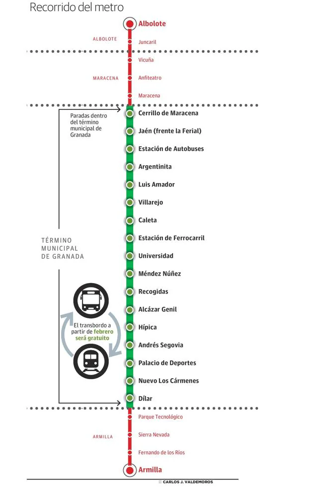 Así funcionará el sistema de transbordos del metro de Granada: en qué paradas será gratis el cambio al bus y en cuáles no