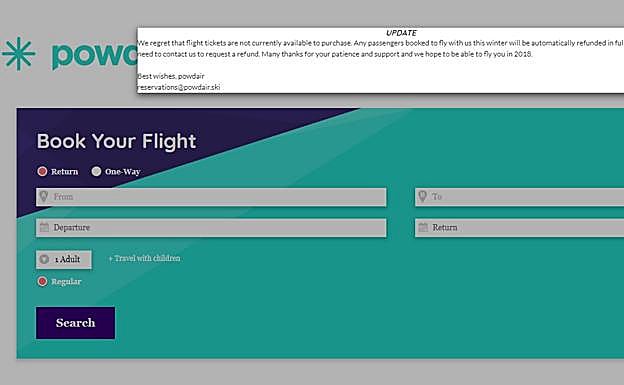 Aviso de la cancelación de ventas en la página web de Powdair.