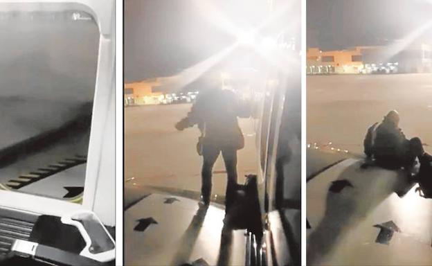 Fotogramas del vídeo grabado por uno de los viajeros, donde se observa al hombre caminando por el ala del avión. 