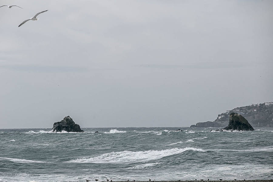 El temporal vuelve a sacudir a la Costa de Granada, aunque por el momento aún no ha causado grandes destrozos en las playas ni ha borrado con el viento la arena. Grandes olas en Almuñécar.