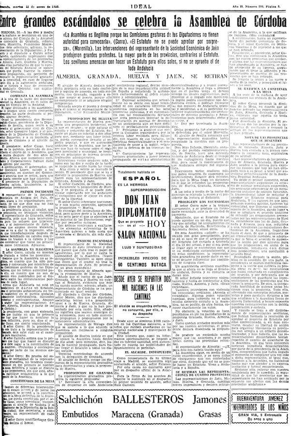 Recortes de prensa, de IDEAL y el 'Defensor de Granada' sobre la posición de Granada ante la Asamblea que se celebró en Córdoba en 1933 de la que surgió un anteproyecto de Estatuto de Andalucía