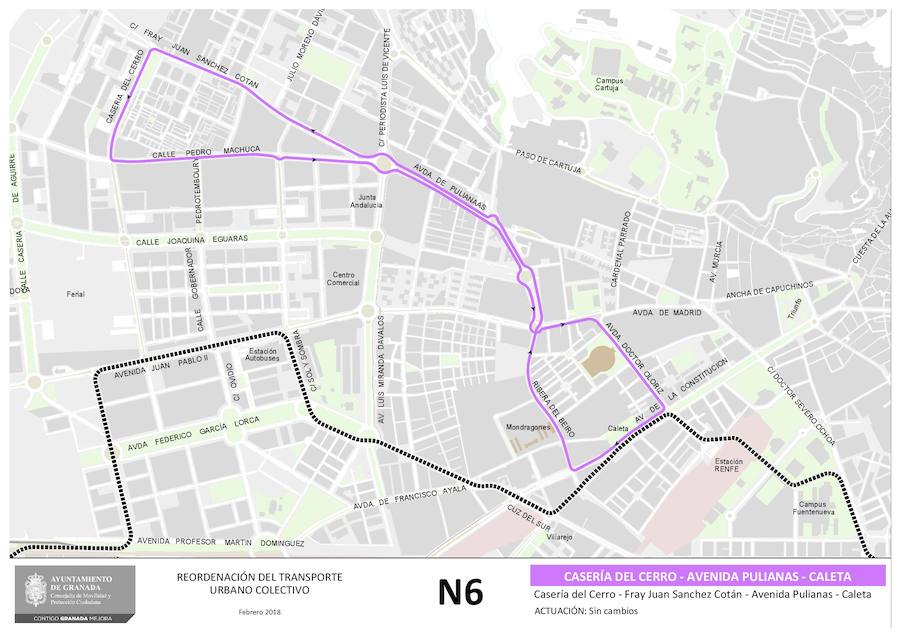 Aquí puede ver cómo quedan los planos de las líneas de autobús de Granada que no alteran su recorrido: U3, 111, 121, N5, N6, N7, N8, N9, U1, U2
