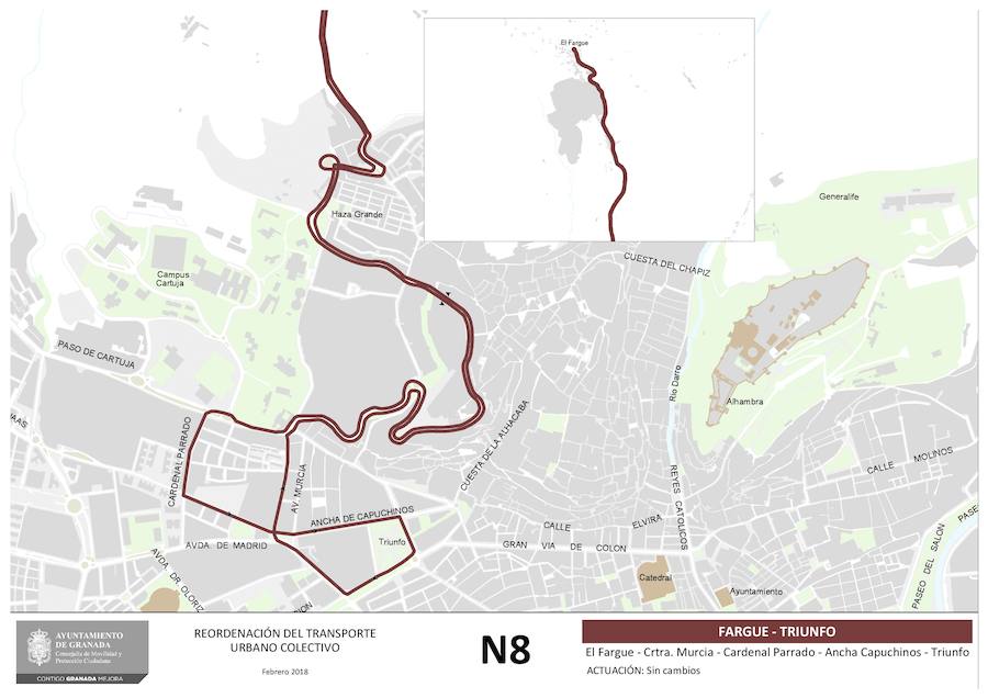 Aquí puede ver cómo quedan los planos de las líneas de autobús de Granada que no alteran su recorrido: U3, 111, 121, N5, N6, N7, N8, N9, U1, U2