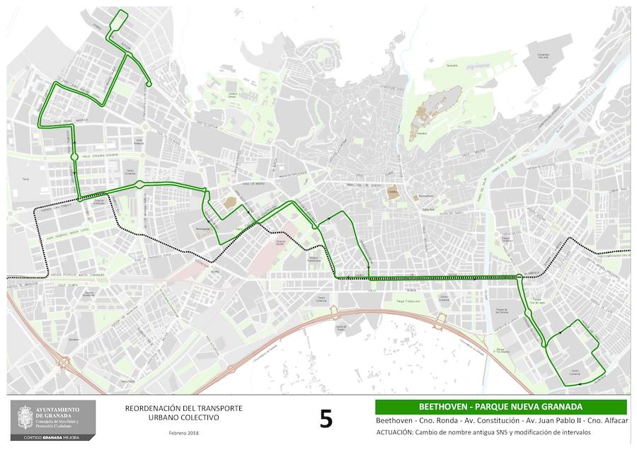 Estas son las 19 líneas que se verán afectadas o, incluso, creadas, con el nuevo mapa del transporte público en Granada. Los recorridos implicados corresponden a las líneas: N4, 3, 4, 5, 6, 11, 13, 21, C30, C31, C31, C33, C34, C35, N1, N3, S3, S0 y S2