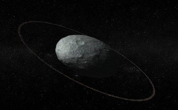 Concepción artística de Haumea con las proporciones correctas del cuerpo principal y del anillo.
