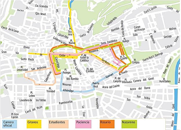 Guía del Miércoles Santo en Granada: mapa de horarios, itinerarios y recorridos de las procesiones