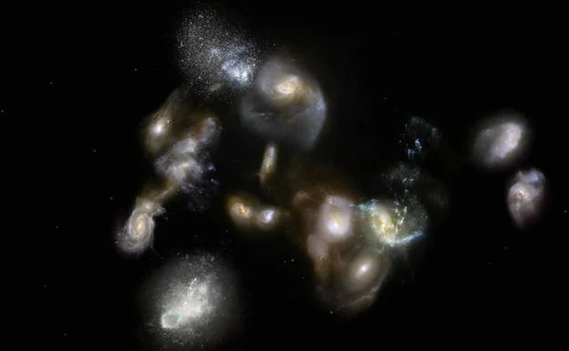 Impresión artística que muestra una megafusión de galaxias en el universo temprano.