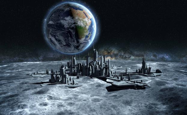 Visión futurista de una ciudad en la Luna.