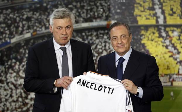 Florentino Pérez, el día en que presentó a Carlo Ancelotti como técnico del Real Madrid. 