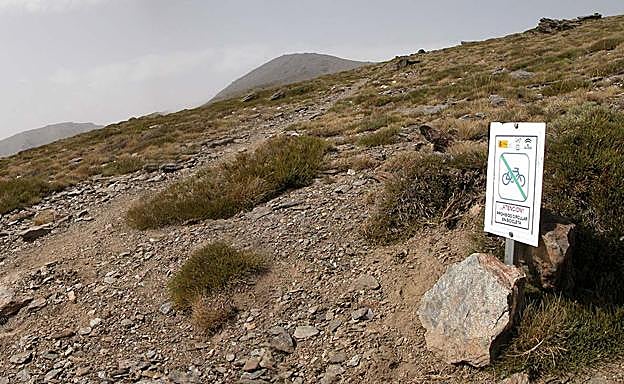 Los responsables del Parque Nacional han tenido que colocar carteles para indicar que está prohibido circular en bicicleta por las veredas y caminos del Mulhacén 