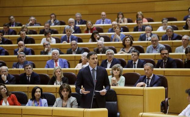 El presidente del Gobierno Pedro Sánchez, durante su intervención en la sesión del pleno del Senado en Madrid. 