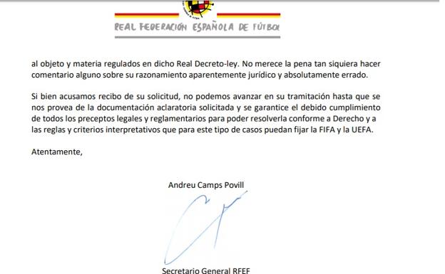 Página quinta y última del escrito de la FEF a LaLiga