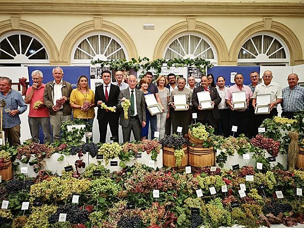 Representantes públicos, organizadores y parraleros homenajeados, ayer, en la muestra anual de la uva de mesa.