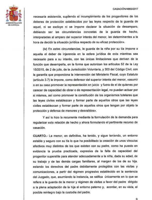 El Tribunal Supremo otorga la custodia a la tía de una menor en lugar de al padre