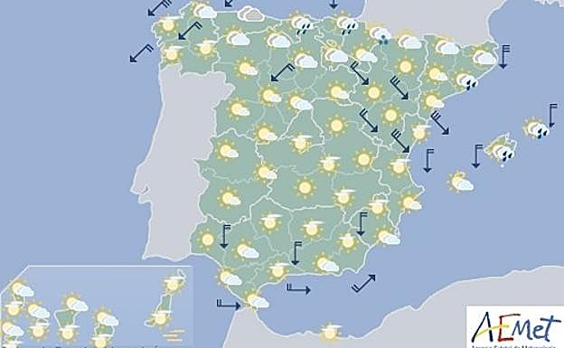 Mapa con la previsión del tiempo para el lunes.