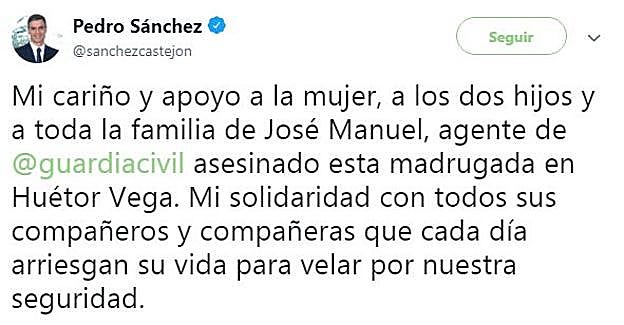Pedro Sánchez: «Mi cariño y apoyo a la mujer, a los dos hijos y a toda la familia de José Manuel»