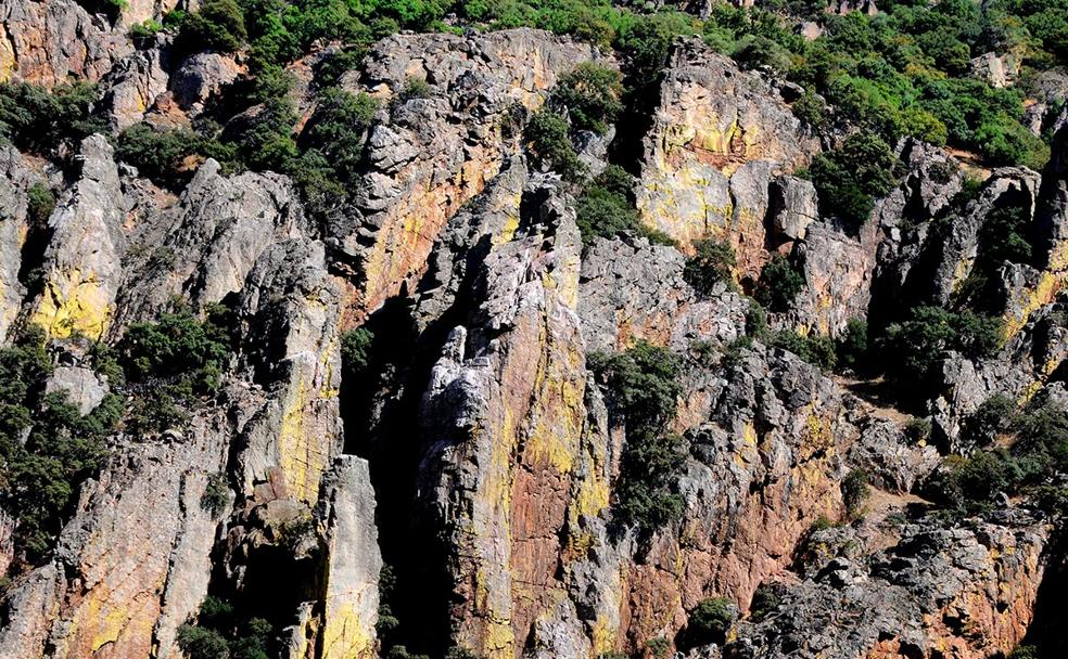 Rocas de cuarcita punteadas de líquenes amarillos crean paredes verticales en el Monumento Natural Los Órganos de Depeñaperrosr