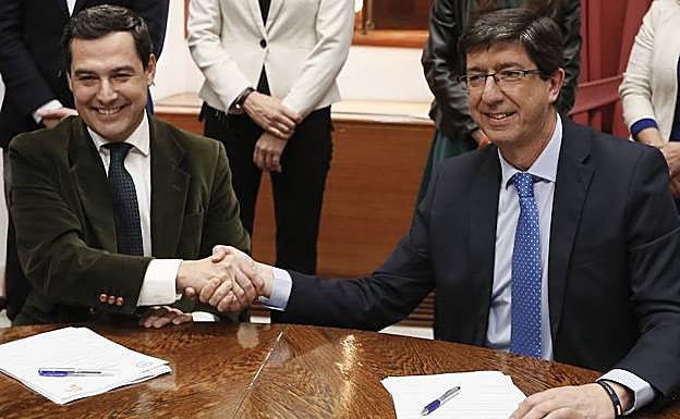 El presidente andaluz del Partido Popular, Juanma Moreno, y el de Ciudadanos, Juanma Marín, estrechan las manos durante la reunión que han tenido esta tarde en el Parlamento andaluz para sellar su acuerdo de gobierno.