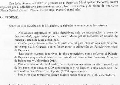 Imagen secundaria 1 - Algunos fragmentos de los dos informes técnicos, donde se apuntan las posibles deficiencias o incumplimientos del pliego. Los informes del Patronato de Deportes no eran vinculantes. Hoy, el pabellón es uno de los proyectos investigados en la operación Nazarí. :: ideal