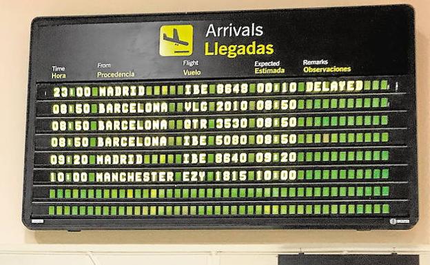 Un panel informativo del aeropuerto de Granada-Jaén anuncia una demora de más de una hora del vuelo nocturno IB8648 procedente de Madrid.