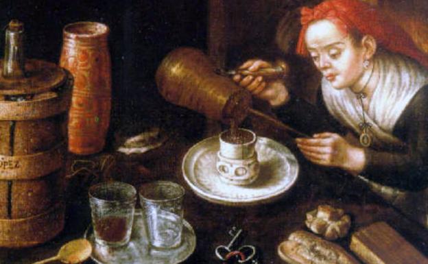 'Mujer preparando chocolate', cuadro de Félix Lorente (S. XVIII). Latinamericanart.com.