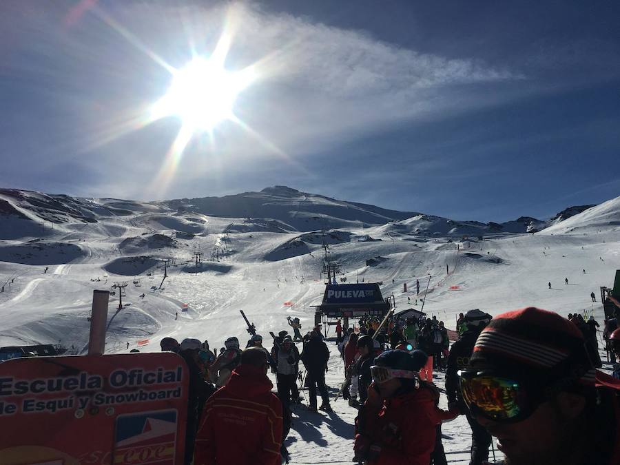 El buen tiempo y el puente de Andalucía han provocado que la estación de esquí granadina presente una aspecto espectacular, con miles de esquiadores y visitantes disfrutando de Sierra Nevada.