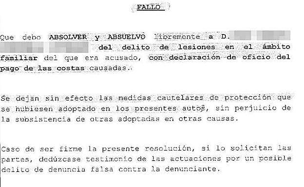 El fallo de la sentencia que absolvió al supuesto maltratador, en el que el juez ya advertía de que se podía actuar contra ella.