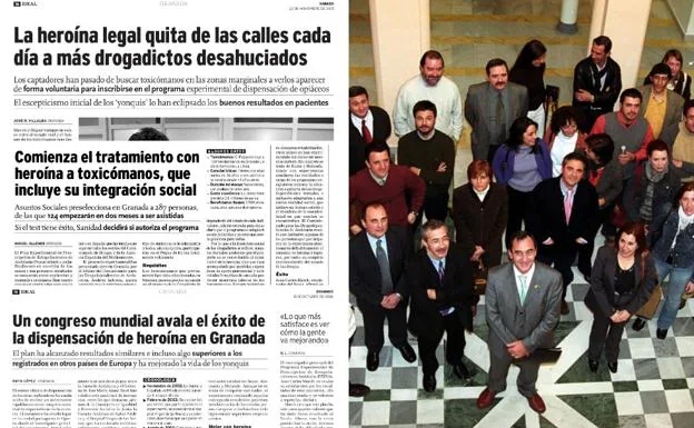 A la izquierda, cobertura informativa del periódico IDEAL sobre el programa de tratamiento con heroína. A la derecha, fotografía del equipo el día de la presentación del Pepsa.