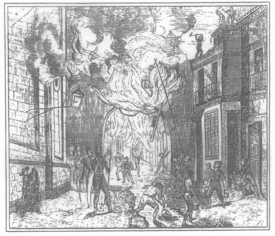 Grabado del incendio según el 'Semanario Pintoresco Español' (1843)