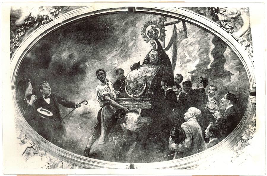 Pintura al fresco del camarín de la basílica de la Virgen de las Angustias que representa el incendio del 26 de julio de 1916