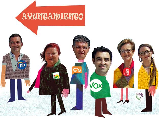 Ramón Fernández-Pacheco (PP), Amalia Román (IU-Equo), Miguel Cazorla (Cs), Joaquín Pérez de la Blanca (Vox), Adriana Valverde (PSOE) y Carmen Mateos (Podemos) aspiran a hacerse con el bastón de mando de la Alcaldía de Almería. :