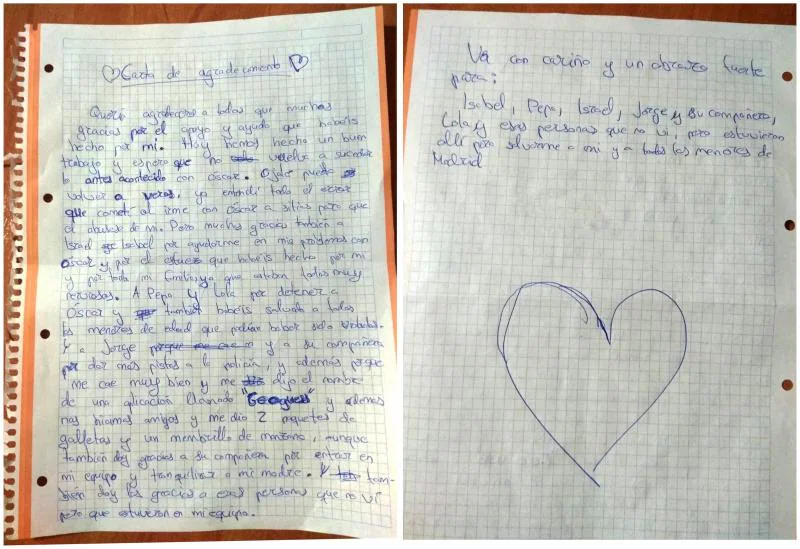 Fotografía facilitada por la Policía Nacional. En la imagen, una carta que envió el menor a los agentes dándoles las gracias de manera personalizada y destacando el hecho de que «estuvieran allí para salvarme a mí y a todos los menores de Madrid». .