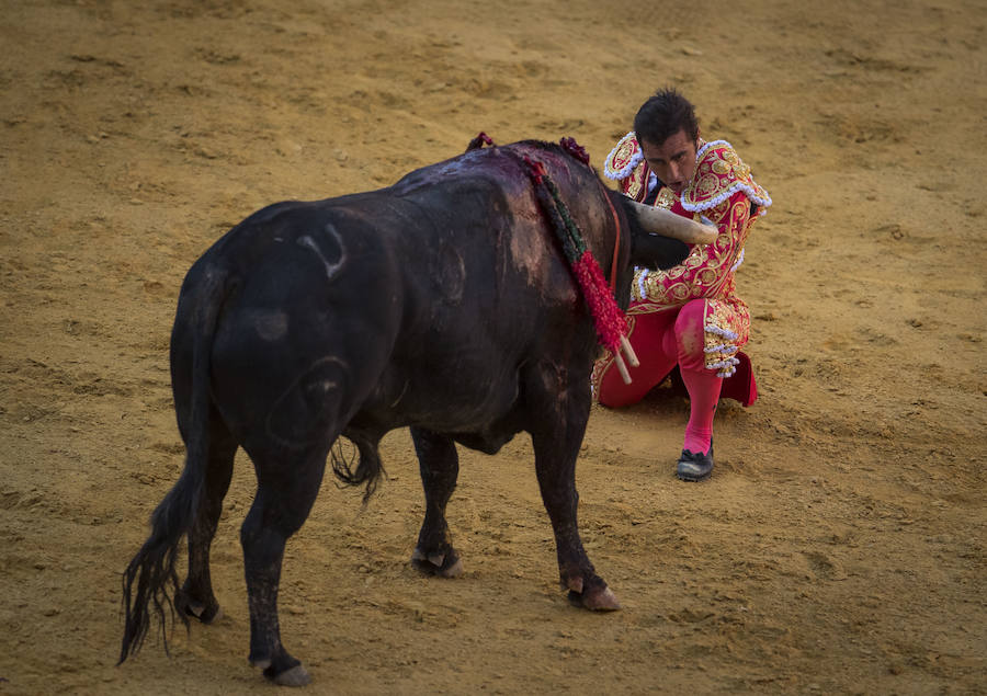 El Fandi fue arrollado de mala manera junto a las tablas porque el toro no obedeció cuando ejecuto al quiebro el tercer par de banderillas, iniciado de rodillas.. Se vivieron momentos de angustia en la Monumental de Frascuelo, pero cuando el granadino logro recomponerse volvió a la cara del astado para muletearlo de rodillas y sacar aún más toda su raza. La que le faltó al de Hermanos García Jiménez. Una vez más El Fandi estuvo poderoso y paseó oreja tras estocada entera.