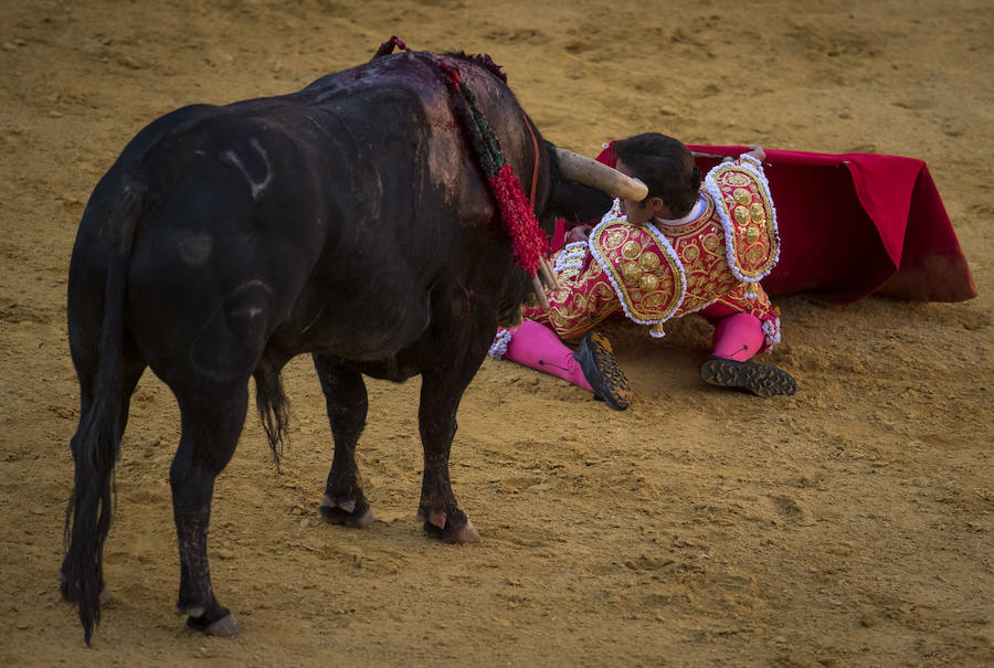 El Fandi fue arrollado de mala manera junto a las tablas porque el toro no obedeció cuando ejecuto al quiebro el tercer par de banderillas, iniciado de rodillas.. Se vivieron momentos de angustia en la Monumental de Frascuelo, pero cuando el granadino logro recomponerse volvió a la cara del astado para muletearlo de rodillas y sacar aún más toda su raza. La que le faltó al de Hermanos García Jiménez. Una vez más El Fandi estuvo poderoso y paseó oreja tras estocada entera.