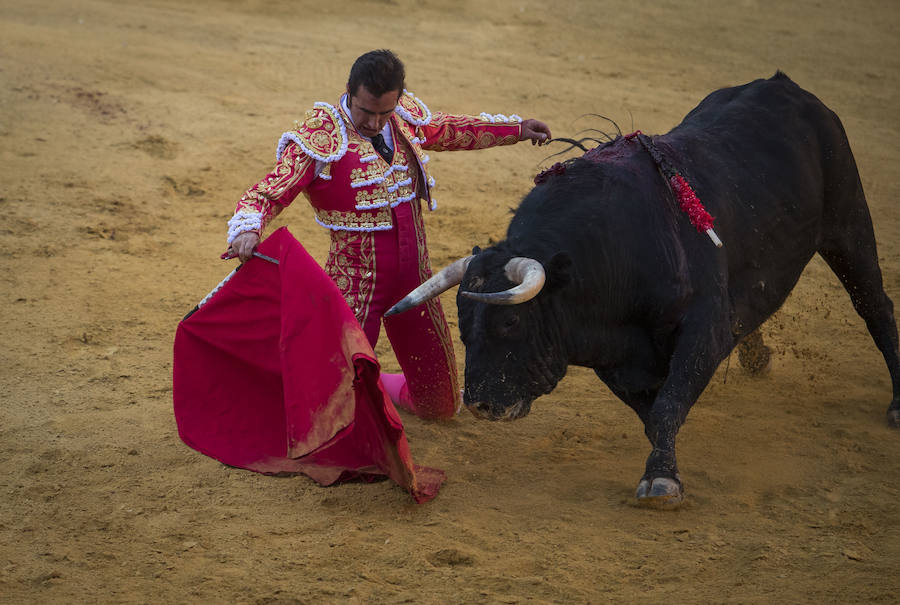 El Fandi fue arrollado de mala manera junto a las tablas porque el toro no obedeció cuando ejecuto al quiebro el tercer par de banderillas, iniciado de rodillas.. Se vivieron momentos de angustia en la Monumental de Frascuelo, pero cuando el granadino logro recomponerse volvió a la cara del astado para muletearlo de rodillas y sacar aún más toda su raza. La que le faltó al de Hermanos García Jiménez. Una vez más El Fandi estuvo poderoso y paseó oreja tras estocada entera.