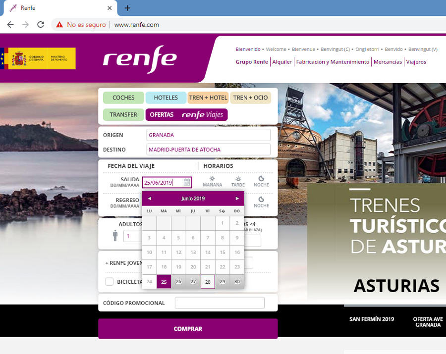 Paso 1: abrir la página web de Renfe ( www.renfe.com ). Nada más entrar aparece el recuadro para la compra, en el que hay que escribir el origen y el destino del viaje y seleccionar las fechas de salida o de salida y regreso en el calendario desplegable. Para precisar más la búsqueda de billetes se puede elegir si se quiere viajar por la mañana, por la tarde o por la noche.