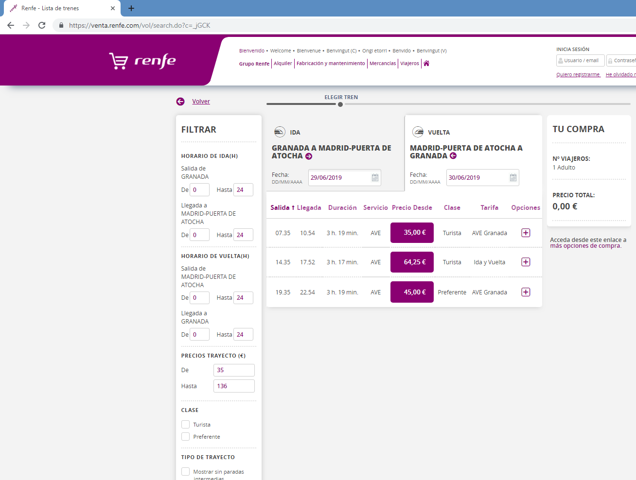 Paso 5: en el caso de que se desee comprar un billete de ida y vuelta, habrá que repetir el paso 4 en la pestaña 'Vuelta', en el que igualmente se muestran todos los trayectos disponibles. 