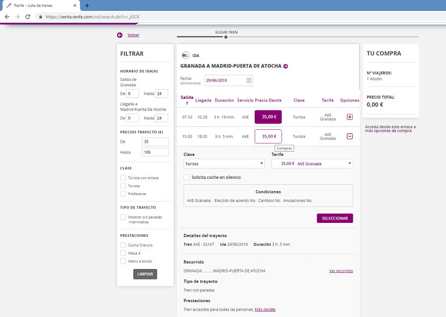 Paso 4 para elegir el trayecto deseado hay que pulsar en el precio o en el símbolo '+'. Una vez elegido, se abrirá un desplegable en el que, además de ver en detalle el recorrido y prestaciones que ofrece ese tren, se puede seleccionar la clase y la tarifa que más convenga al viajero. Una vez elegidas las prestaciones, habrá que pulsar el botón 'Seleccionar'.