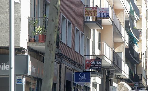 Varios inmuebles con anuncios de alquileres de pisos. 